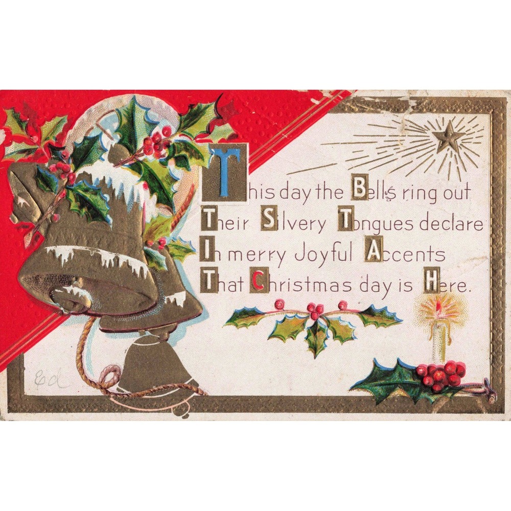 Antique Christmas Postcard M.L. Jackson Embossed Silver Bells Holly Poem Gilt - Picture 1 of 2